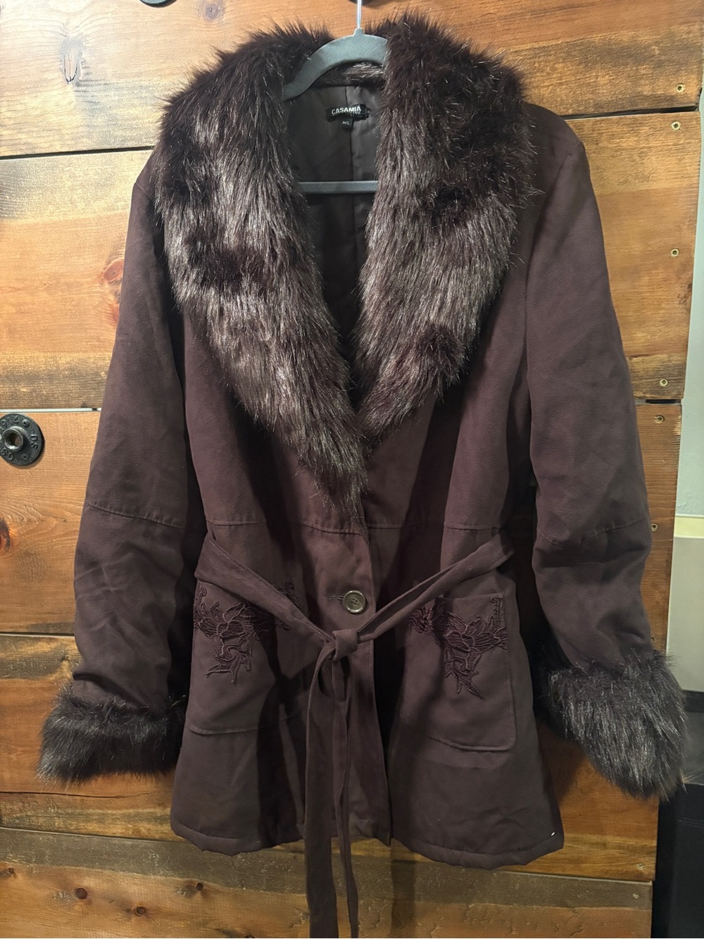 Dark Brown Faux-Fur Trim Tie-Waist Coat with Lace Embroidery Pockets